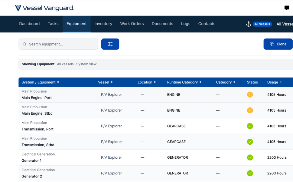 Manage Equipment and Assets — Vessel Vanguard inventory screen