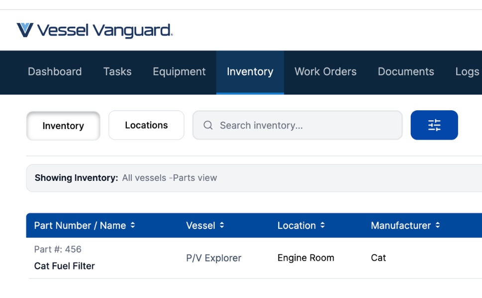 Track Inventory and Parts — Vessel Vanguard inventory screen