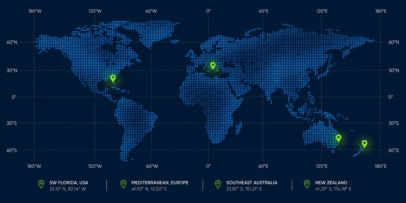 Vessel Vanguard global team locations — SW Florida USA, Mediterranean Europe, Southeast Australia, New Zealand