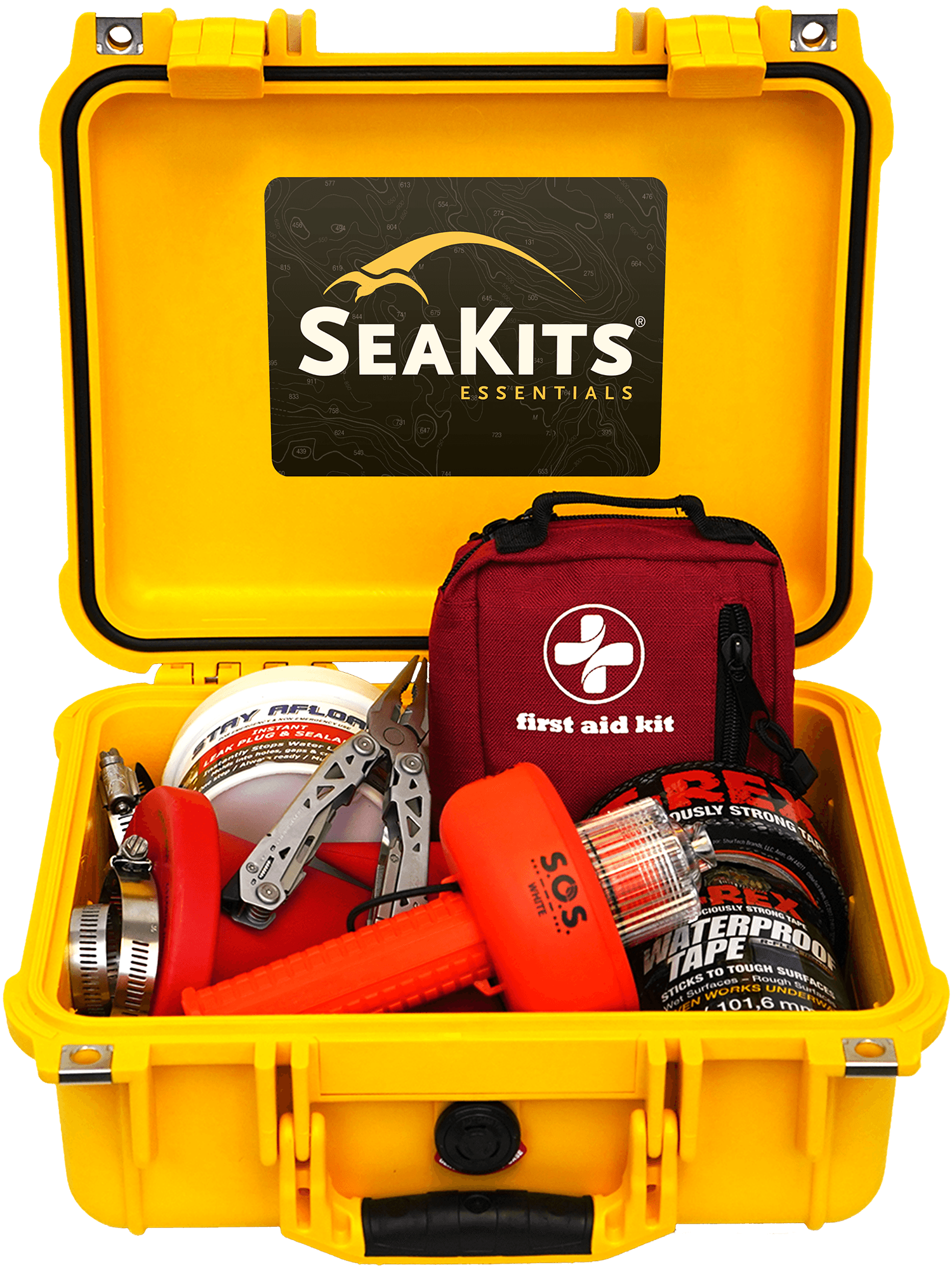 SeaKits Essentials — open yellow case with first aid kit, tools, and safety gear