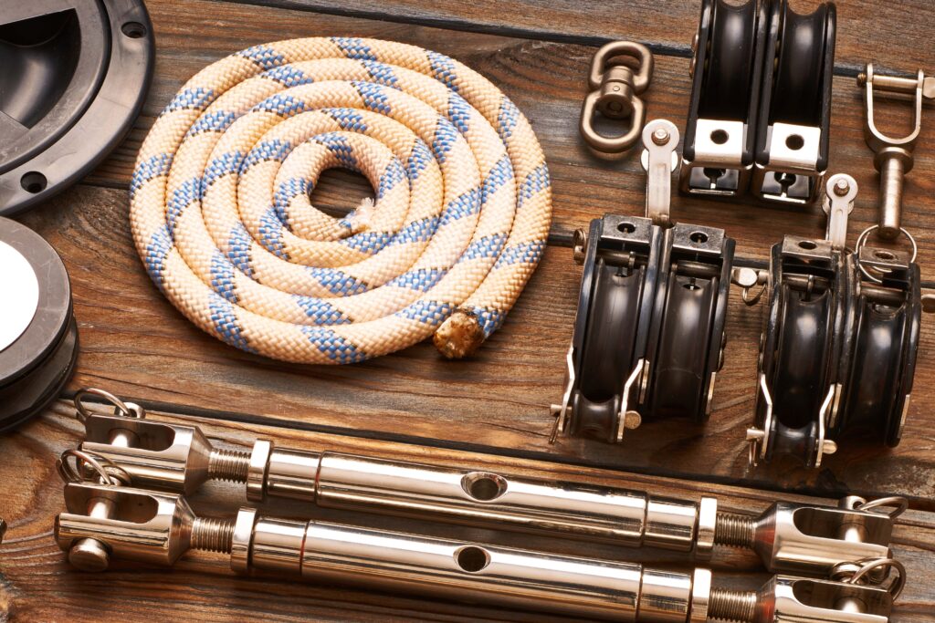 Sailing equipment on a deck.
