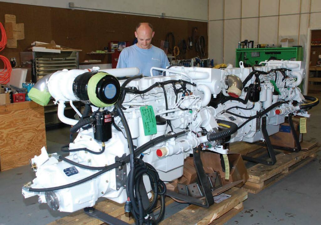 Yacht engine in shop.